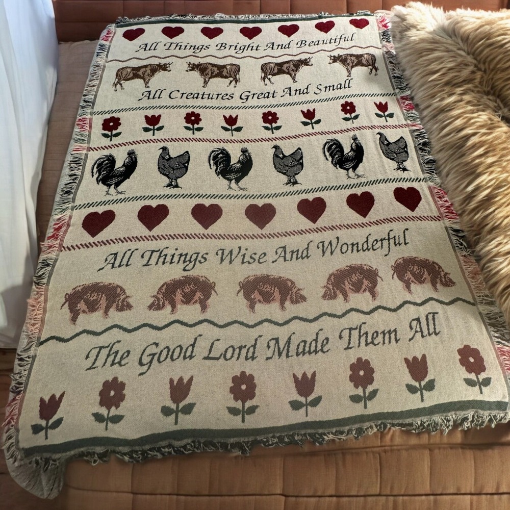 VTG GOODWIN WEAVERS Throw Blanket/tablecloth Reversible Plants/Animals 58"x44"